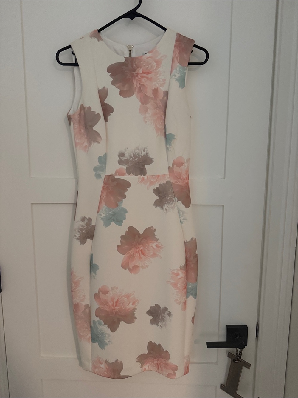 Calvin Klein Cream Floral Midi Sheath Dress with Pink and Blue Blooms